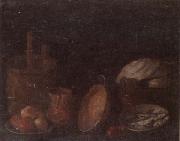 unknow artist Still life of apples and herring in bowls,a beaten copper jar,a pan and other kitchen implements oil painting